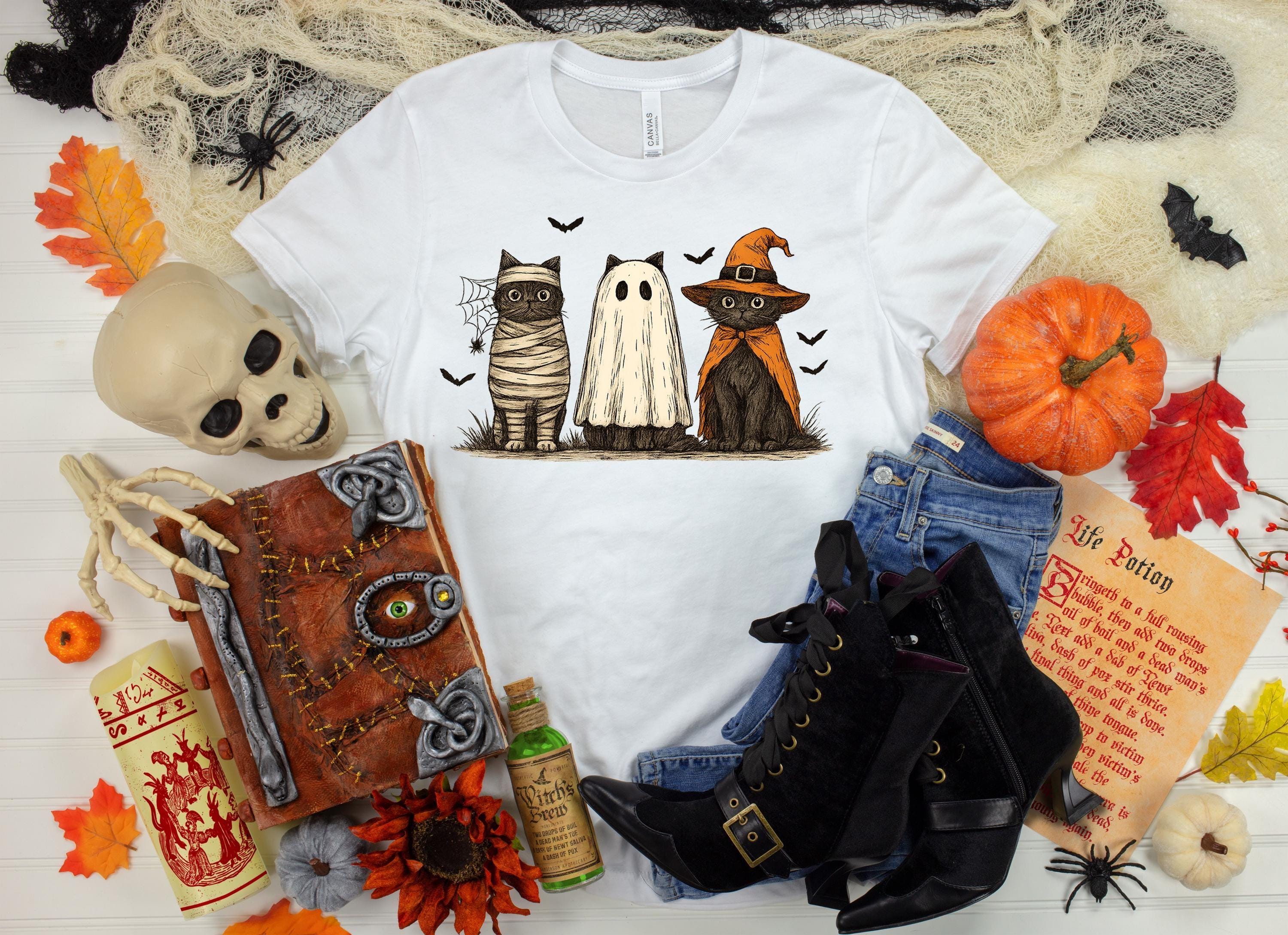 Halloween Cat Tee: Spooky Ghost, Witch, Mummy Cats - Bella Canvas 3001