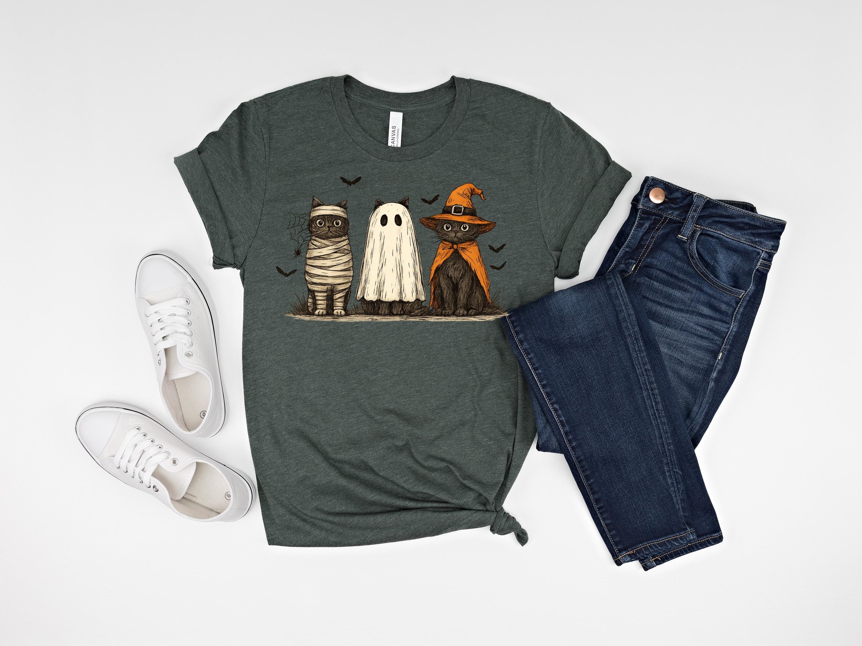 Halloween Cat Tee: Spooky Ghost, Witch, Mummy Cats - Bella Canvas 3001