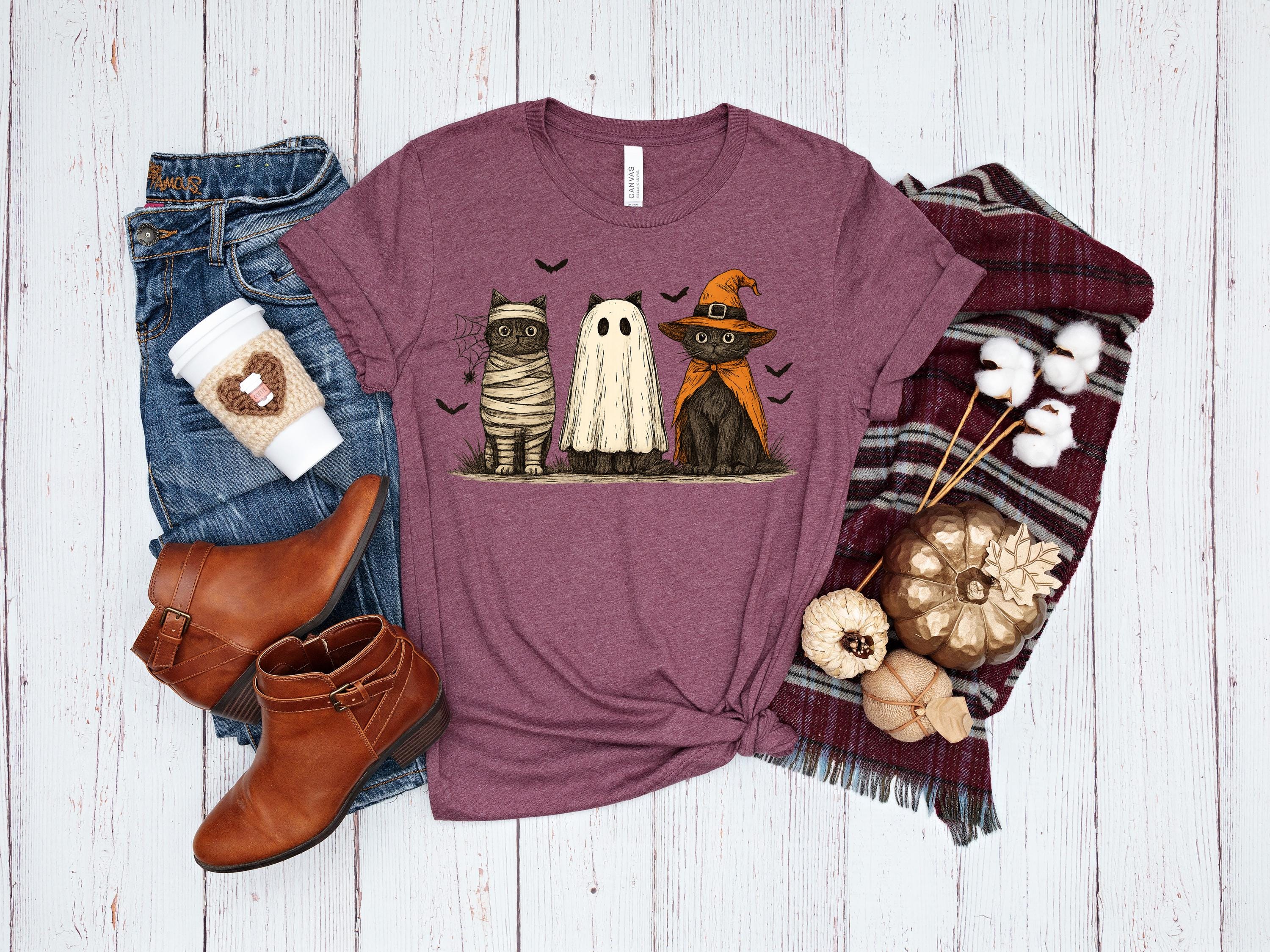 Halloween Cat Tee: Spooky Ghost, Witch, Mummy Cats - Bella Canvas 3001