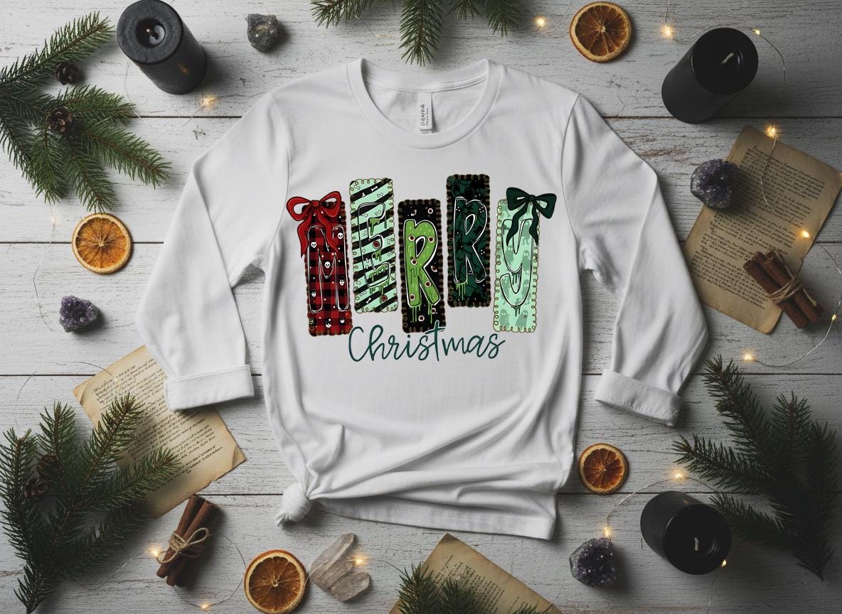 Creepy Merry Christmas Shirt, Gothic Skulls Holiday Tee, Bella Canvas
