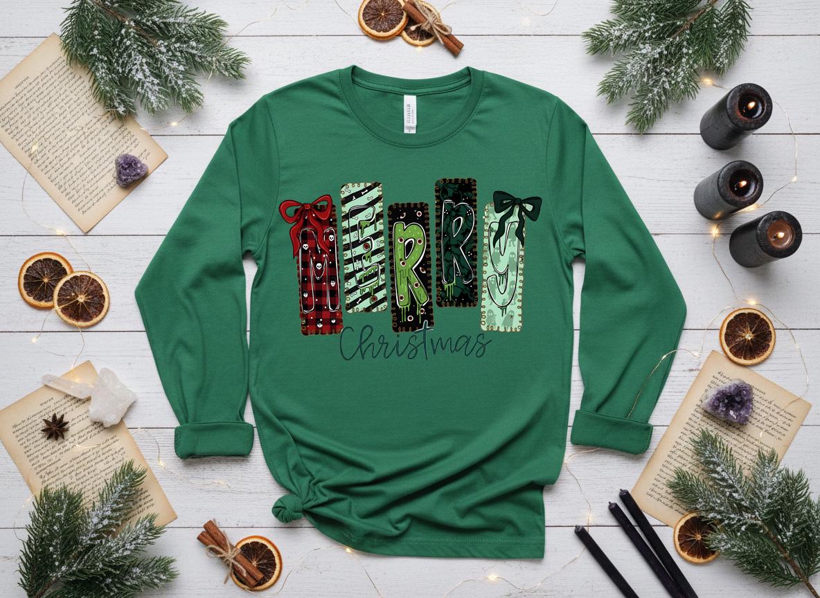 Creepy Merry Christmas Shirt, Gothic Skulls Holiday Tee, Bella Canvas