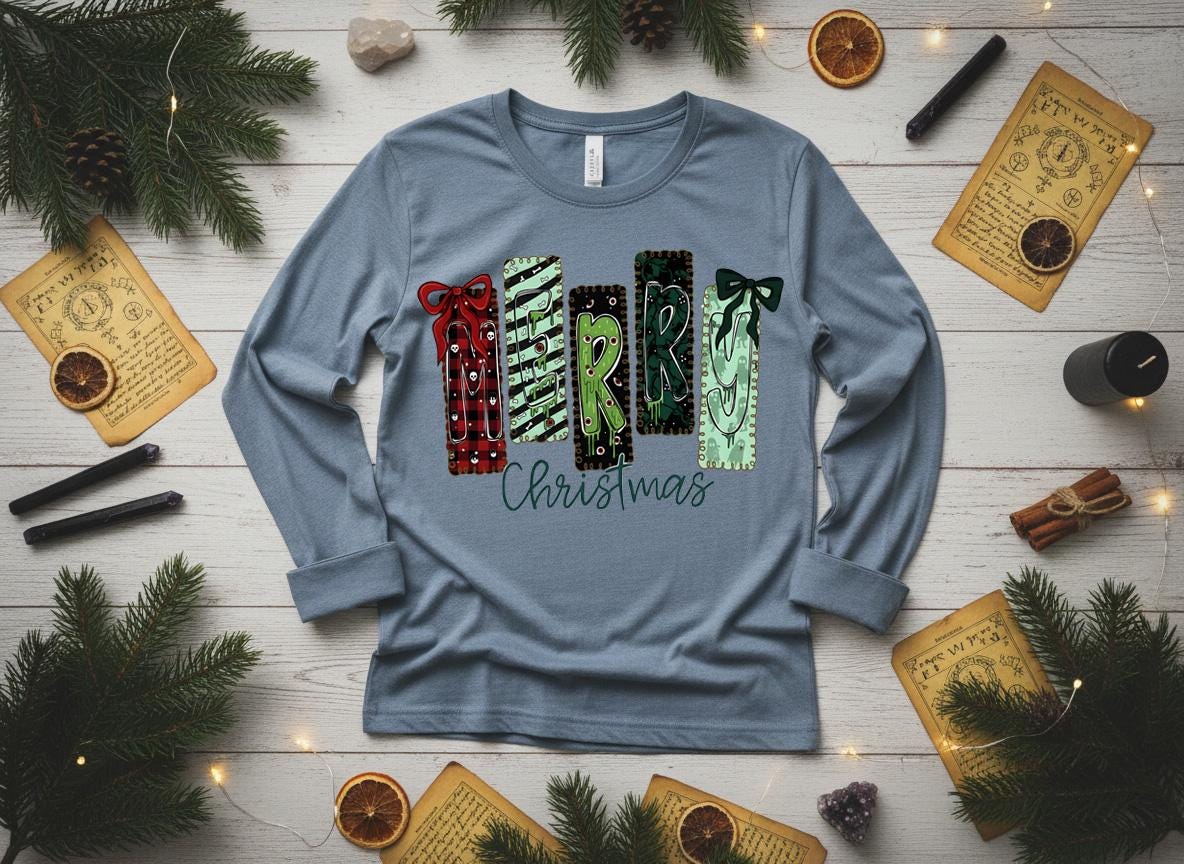 Creepy Merry Christmas Shirt, Gothic Skulls Holiday Tee, Bella Canvas