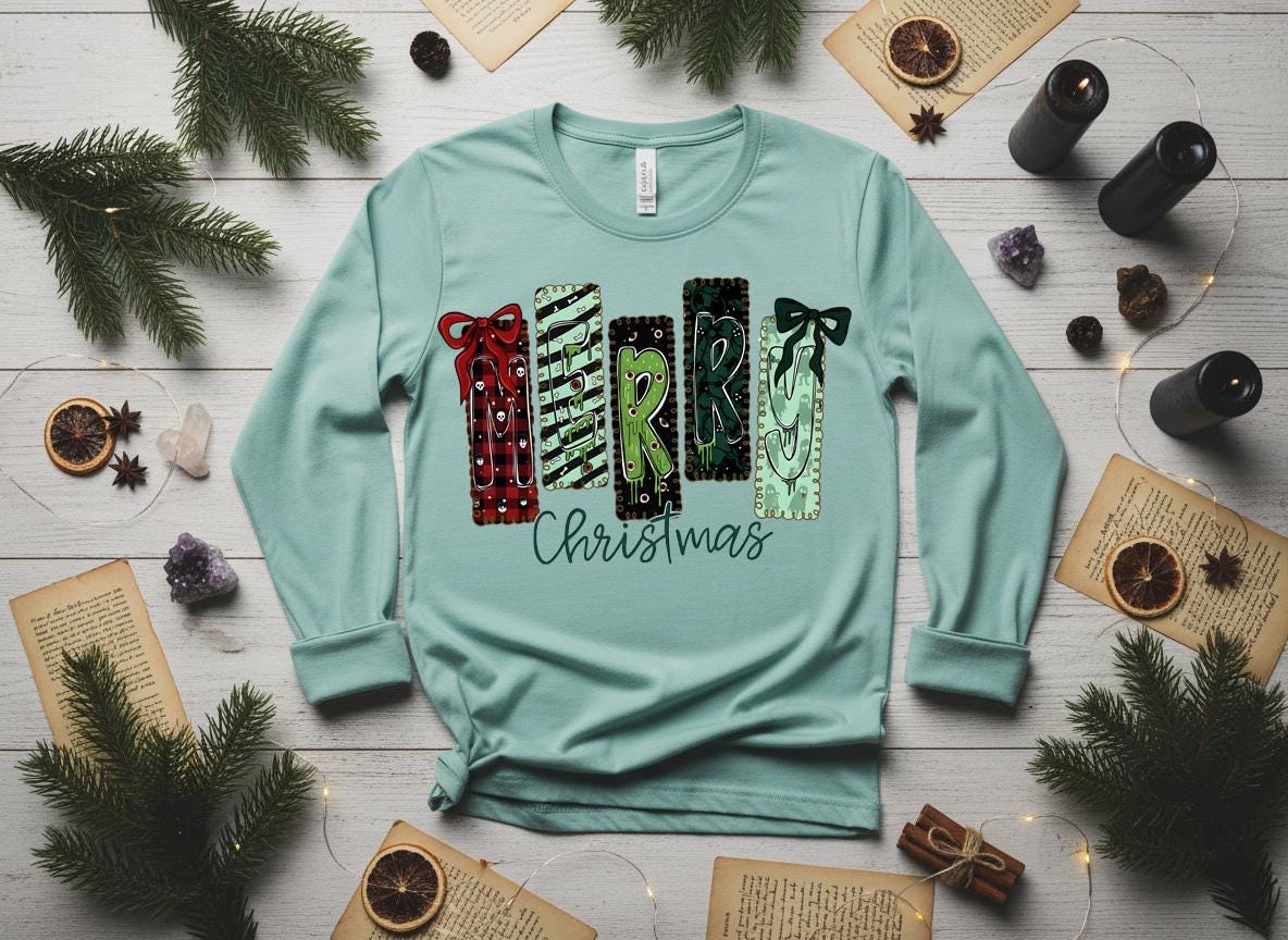 Creepy Merry Christmas Shirt, Gothic Skulls Holiday Tee, Bella Canvas