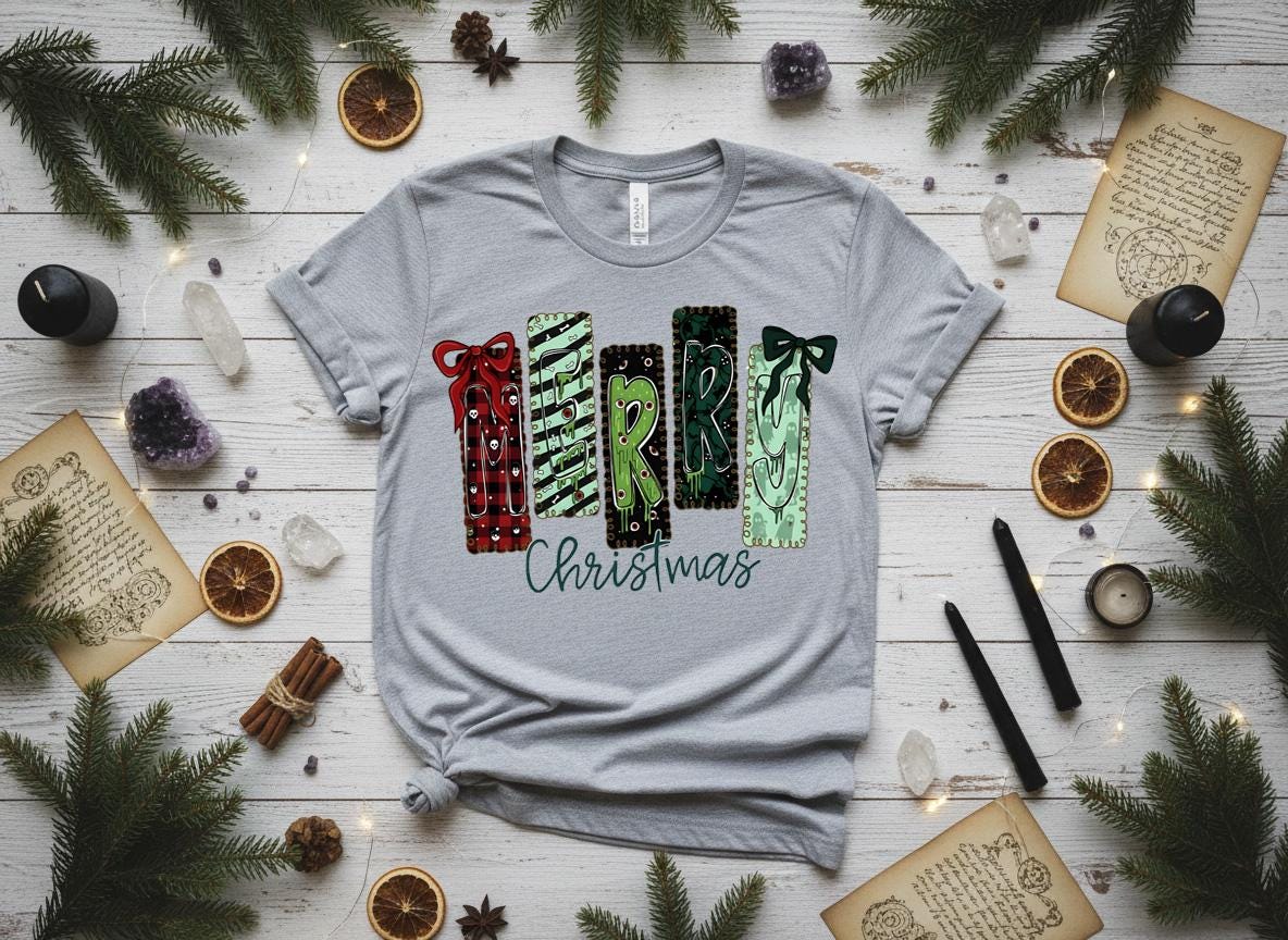 Creepy Merry Christmas Shirt, Gothic Skulls Holiday Tee, Bella Canvas