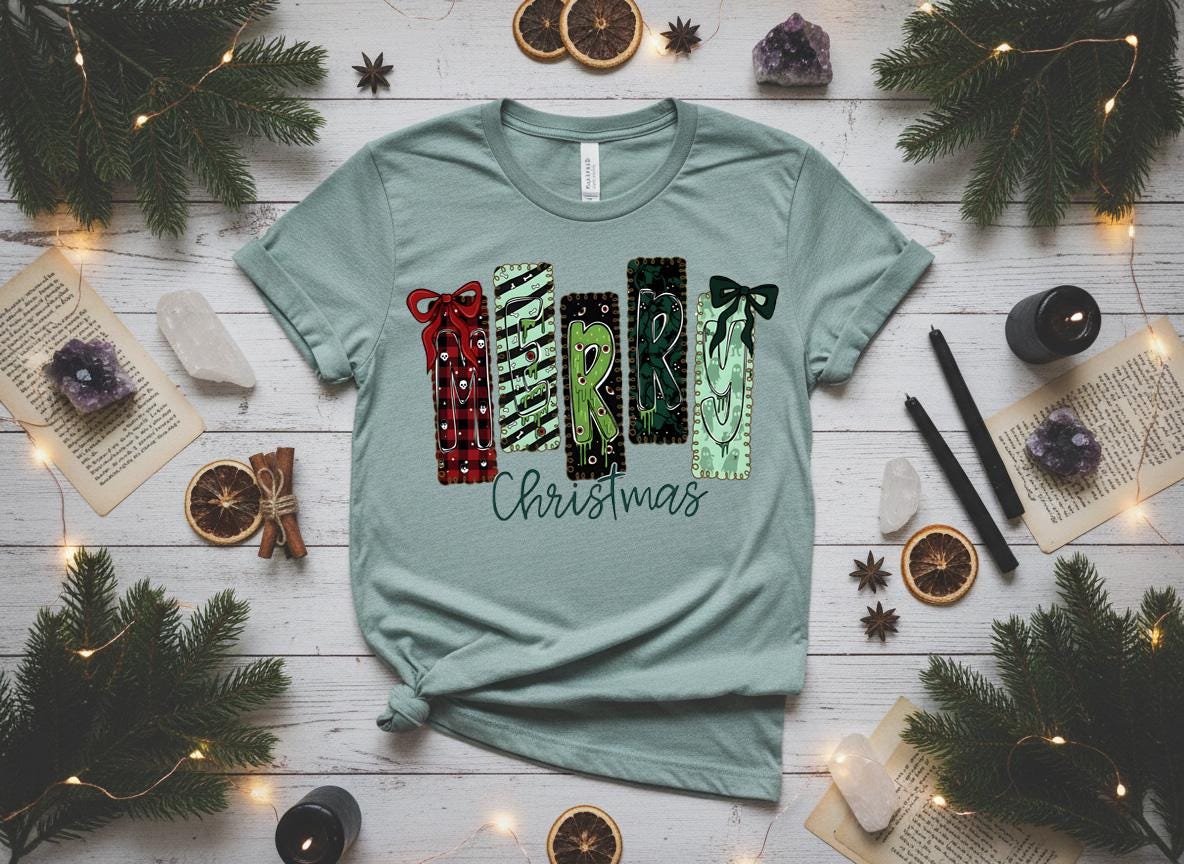 Creepy Merry Christmas Shirt, Gothic Skulls Holiday Tee, Bella Canvas