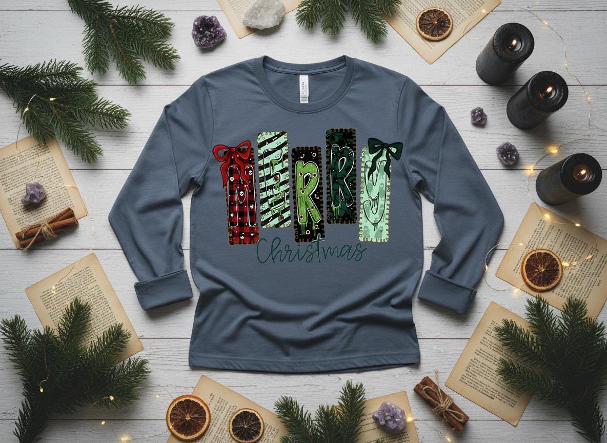 Creepy Merry Christmas Shirt, Gothic Skulls Holiday Tee, Bella Canvas