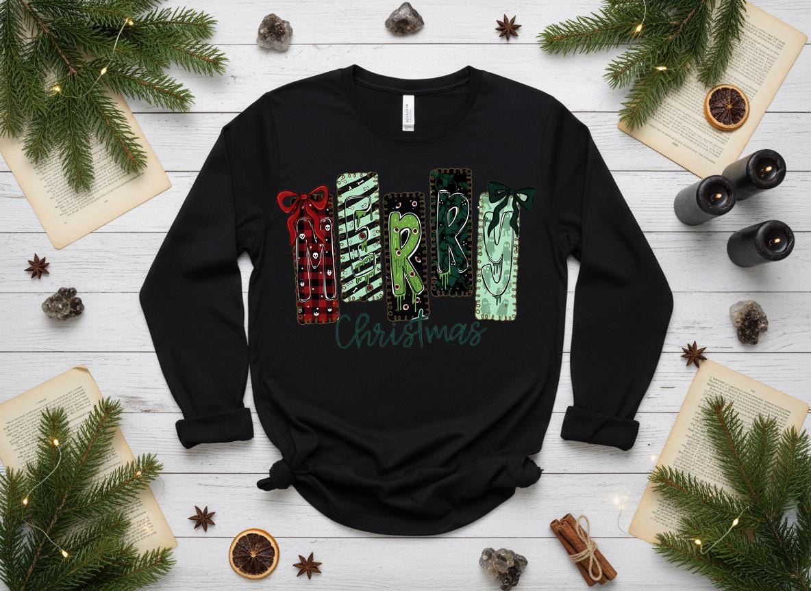 Creepy Merry Christmas Shirt, Gothic Skulls Holiday Tee, Bella Canvas