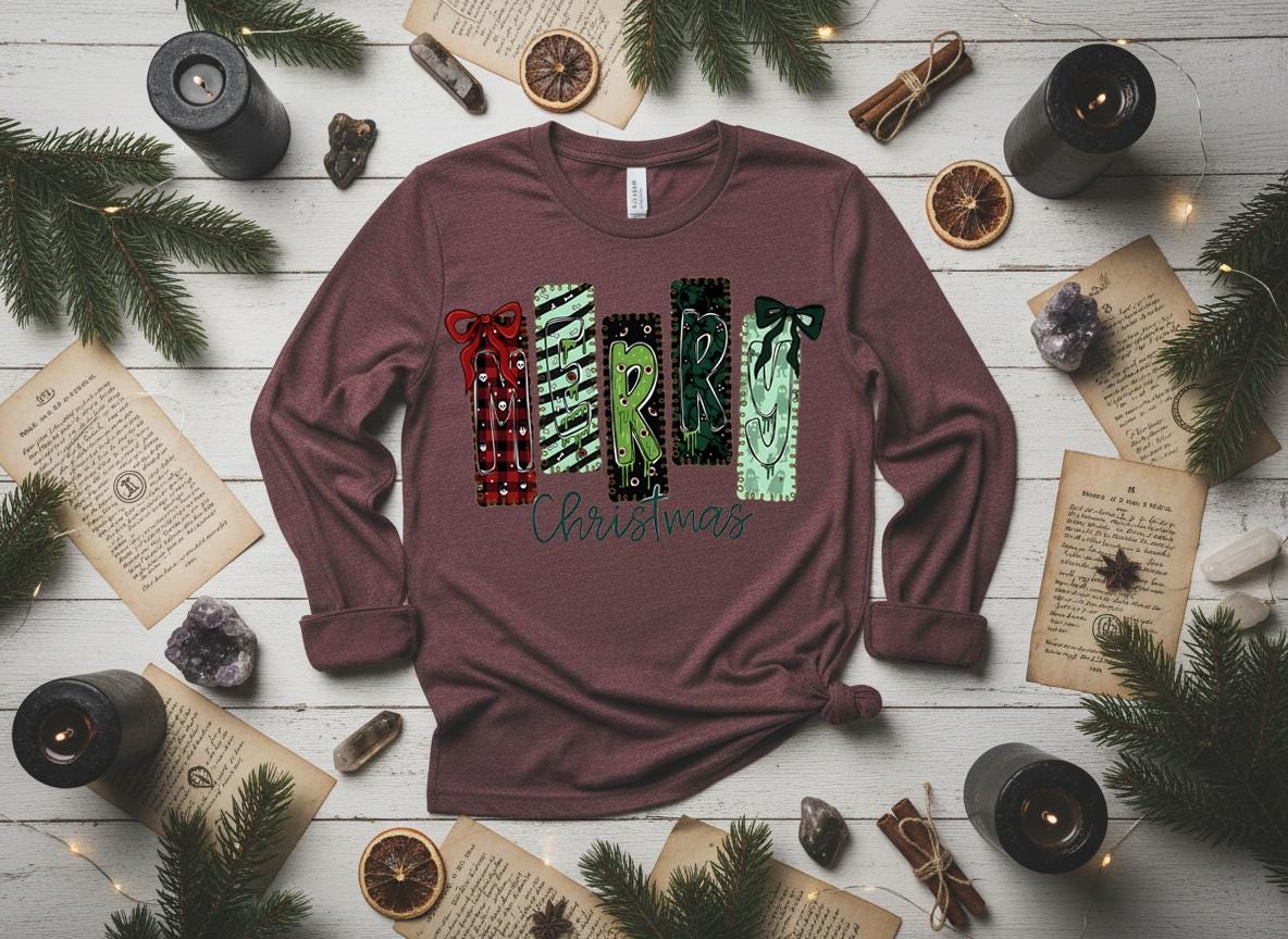 Creepy Merry Christmas Shirt, Gothic Skulls Holiday Tee, Bella Canvas