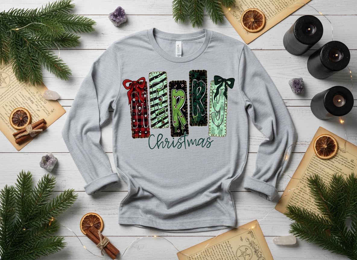 Creepy Merry Christmas Shirt, Gothic Skulls Holiday Tee, Bella Canvas