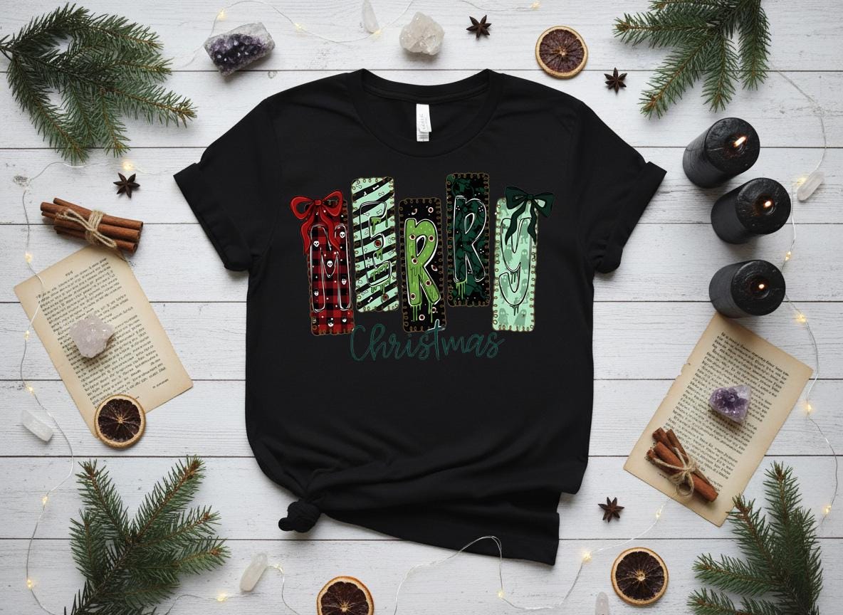 Creepy Merry Christmas Shirt, Gothic Skulls Holiday Tee, Bella Canvas