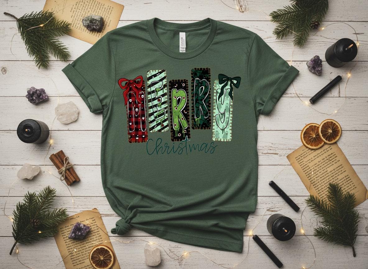 Creepy Merry Christmas Shirt, Gothic Skulls Holiday Tee, Bella Canvas