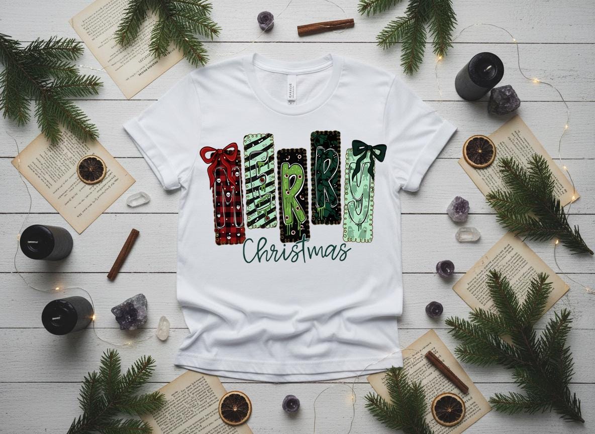 Creepy Merry Christmas Shirt, Gothic Skulls Holiday Tee, Bella Canvas