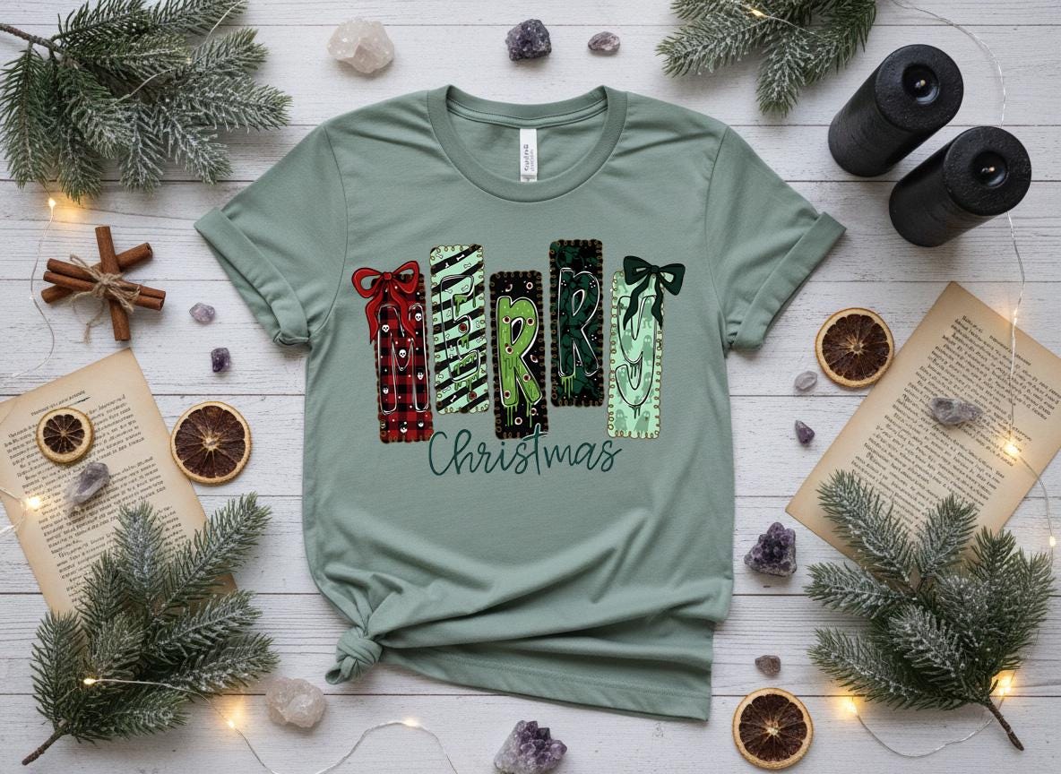 Creepy Merry Christmas Shirt, Gothic Skulls Holiday Tee, Bella Canvas