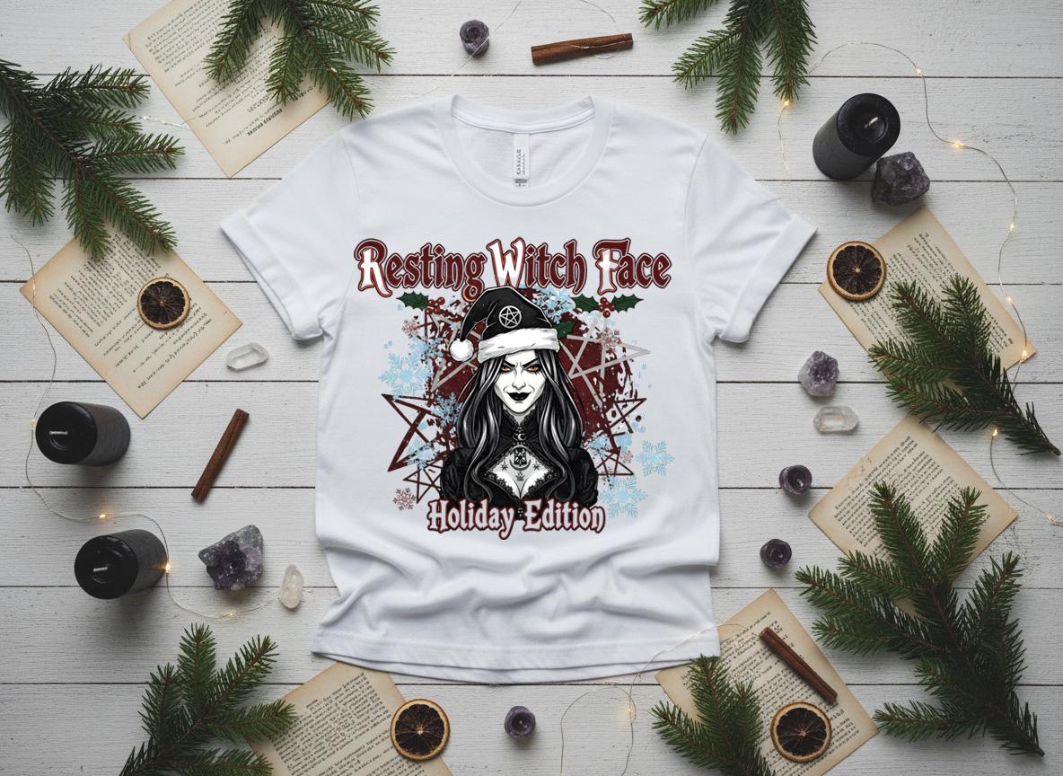 Resting Witch Face Holiday Tee, Gothic Santa Hat, Witchy Christmas Shirt