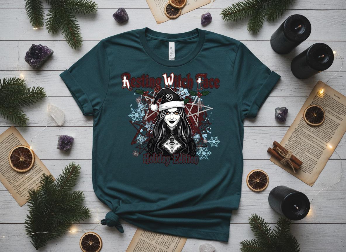 Resting Witch Face Holiday Tee, Gothic Santa Hat, Witchy Christmas Shirt