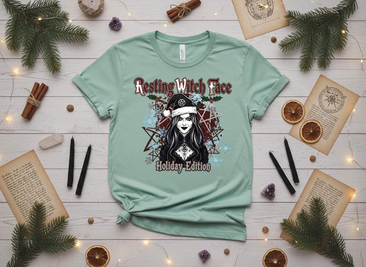Resting Witch Face Holiday Tee, Gothic Santa Hat, Witchy Christmas Shirt