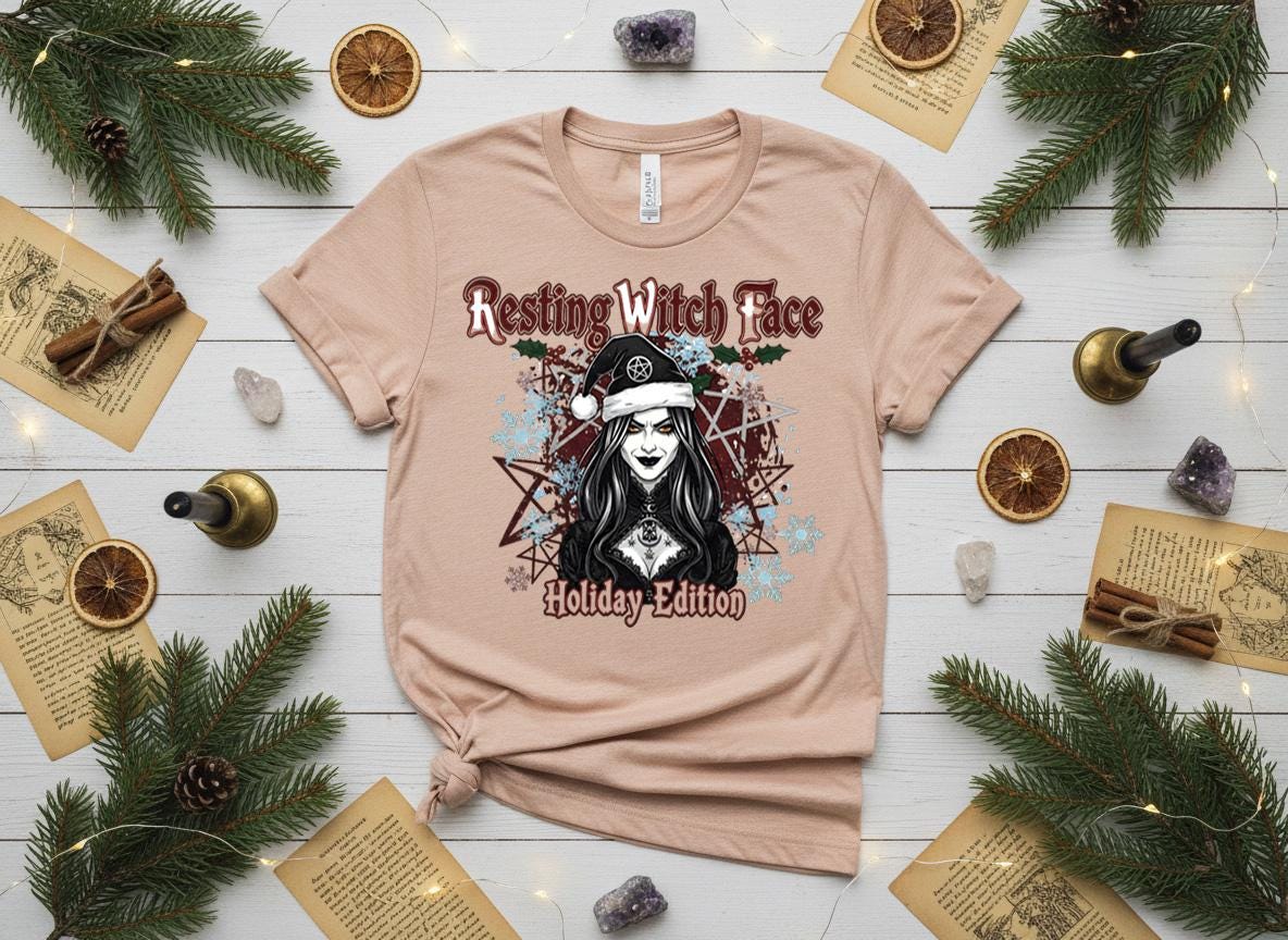 Resting Witch Face Holiday Tee, Gothic Santa Hat, Witchy Christmas Shirt