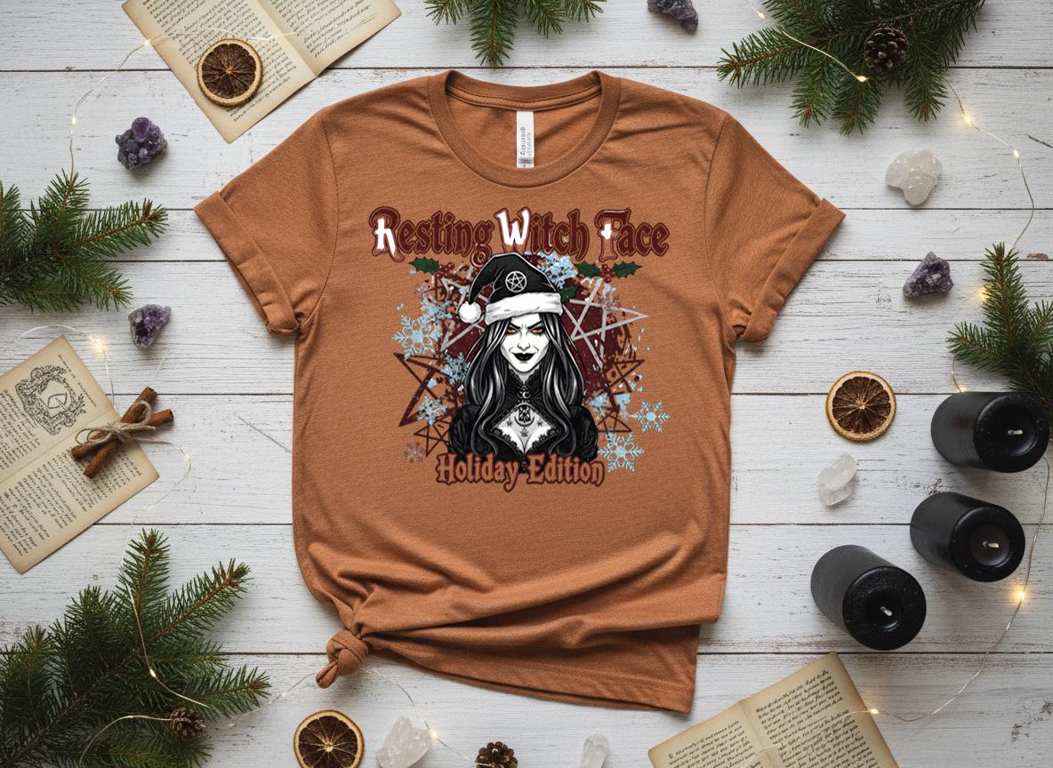 Resting Witch Face Holiday Tee, Gothic Santa Hat, Witchy Christmas Shirt