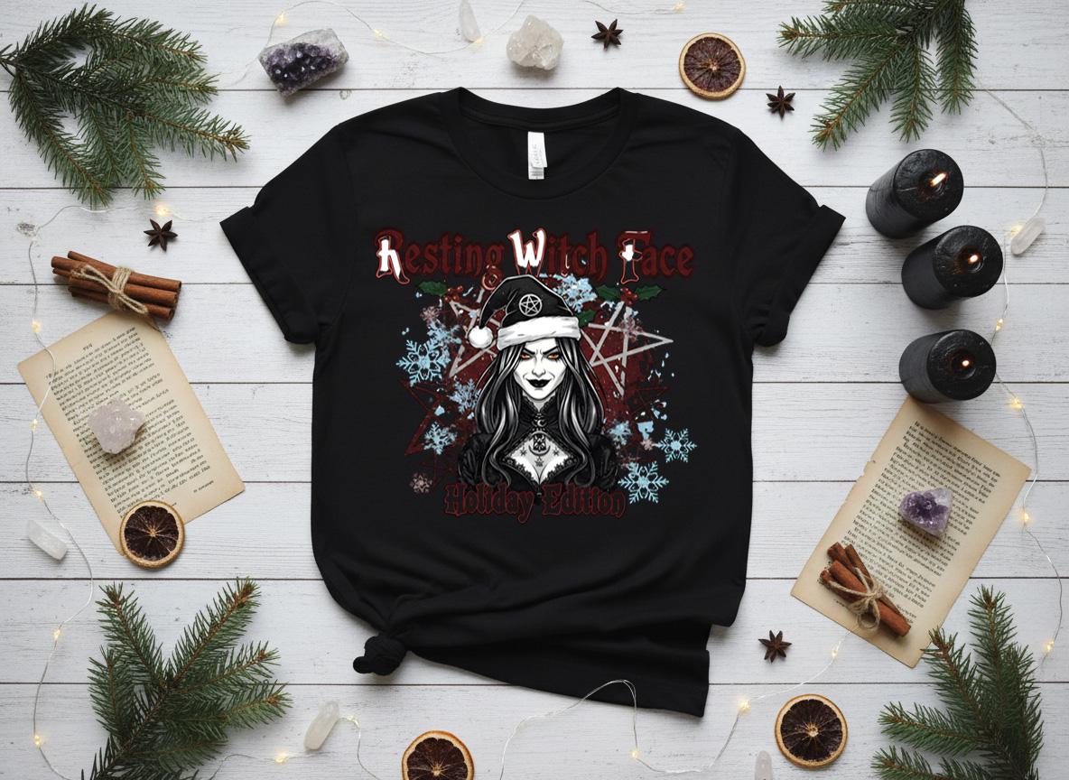 Resting Witch Face Holiday Tee, Gothic Santa Hat, Witchy Christmas Shirt