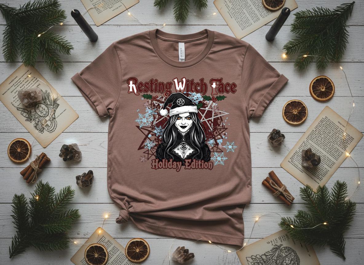 Resting Witch Face Holiday Tee, Gothic Santa Hat, Witchy Christmas Shirt