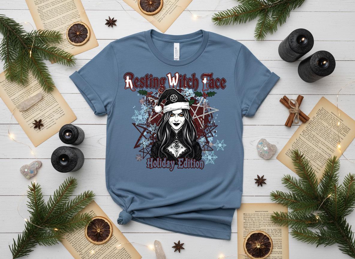 Resting Witch Face Holiday Tee, Gothic Santa Hat, Witchy Christmas Shirt
