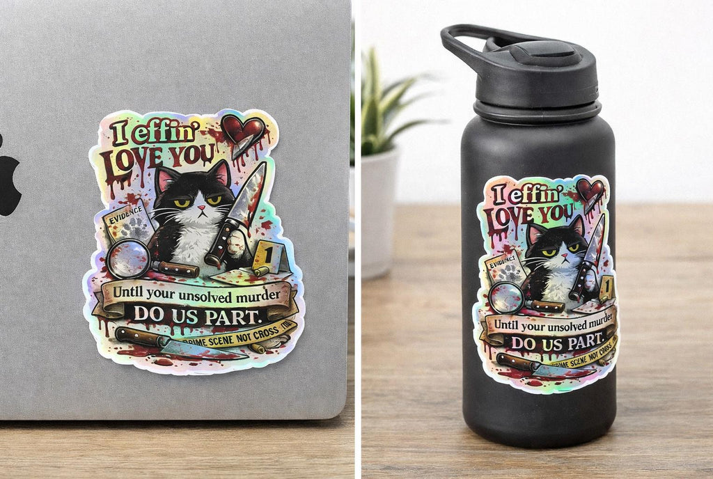 Funny Horror Cat Sticker, Snarky Valentine Murder Cat Kitty I effing love you Sticker