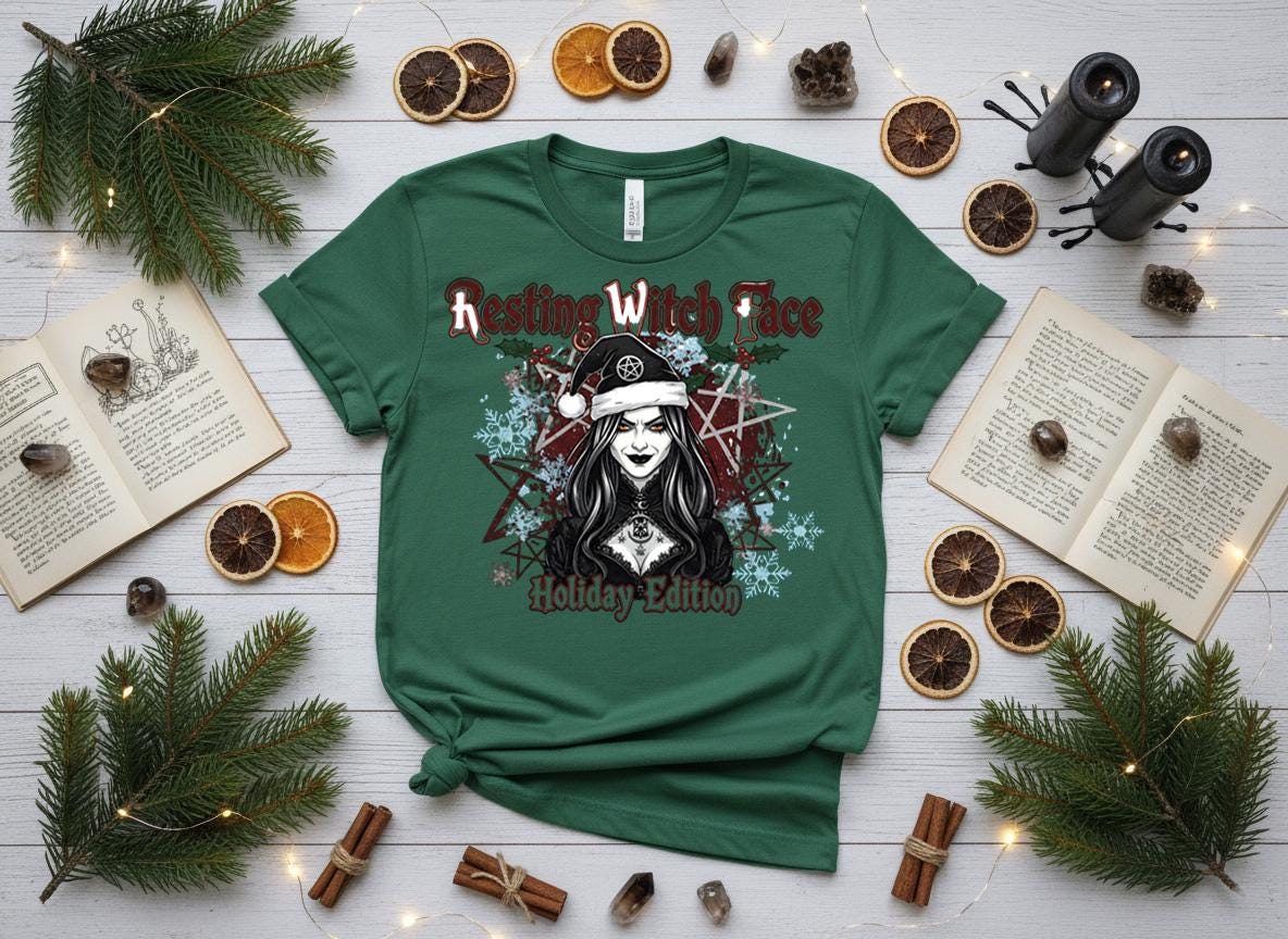 Resting Witch Face Holiday Tee, Gothic Santa Hat, Witchy Christmas Shirt