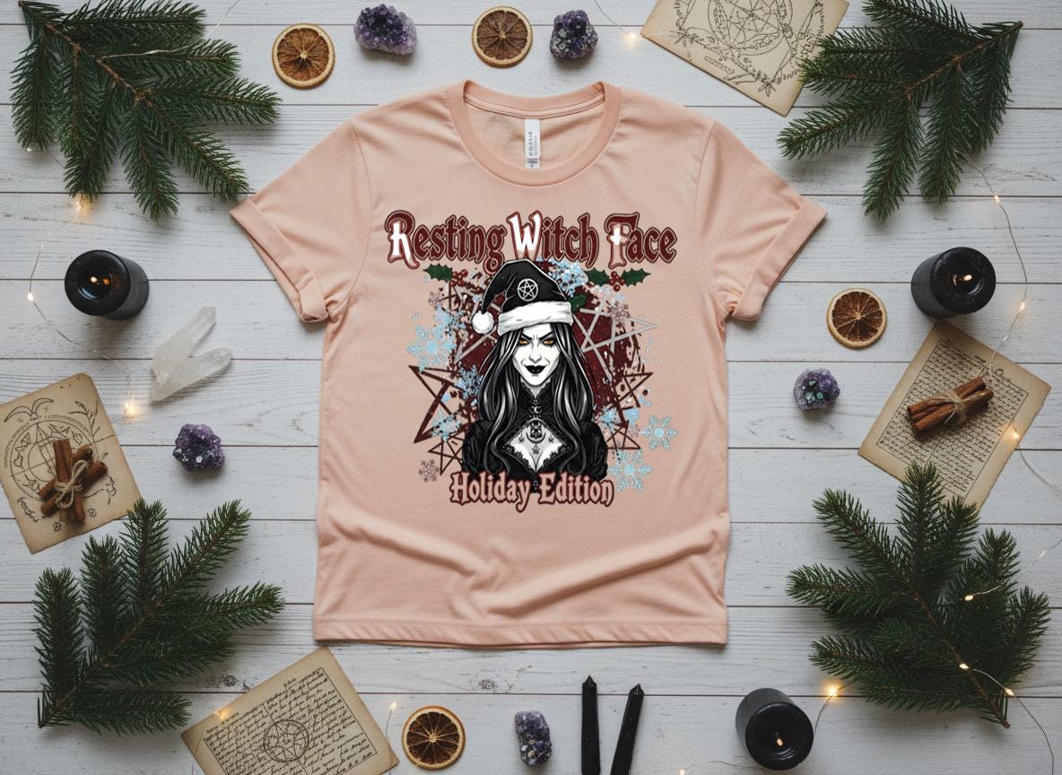 Resting Witch Face Holiday Tee, Gothic Santa Hat, Witchy Christmas Shirt