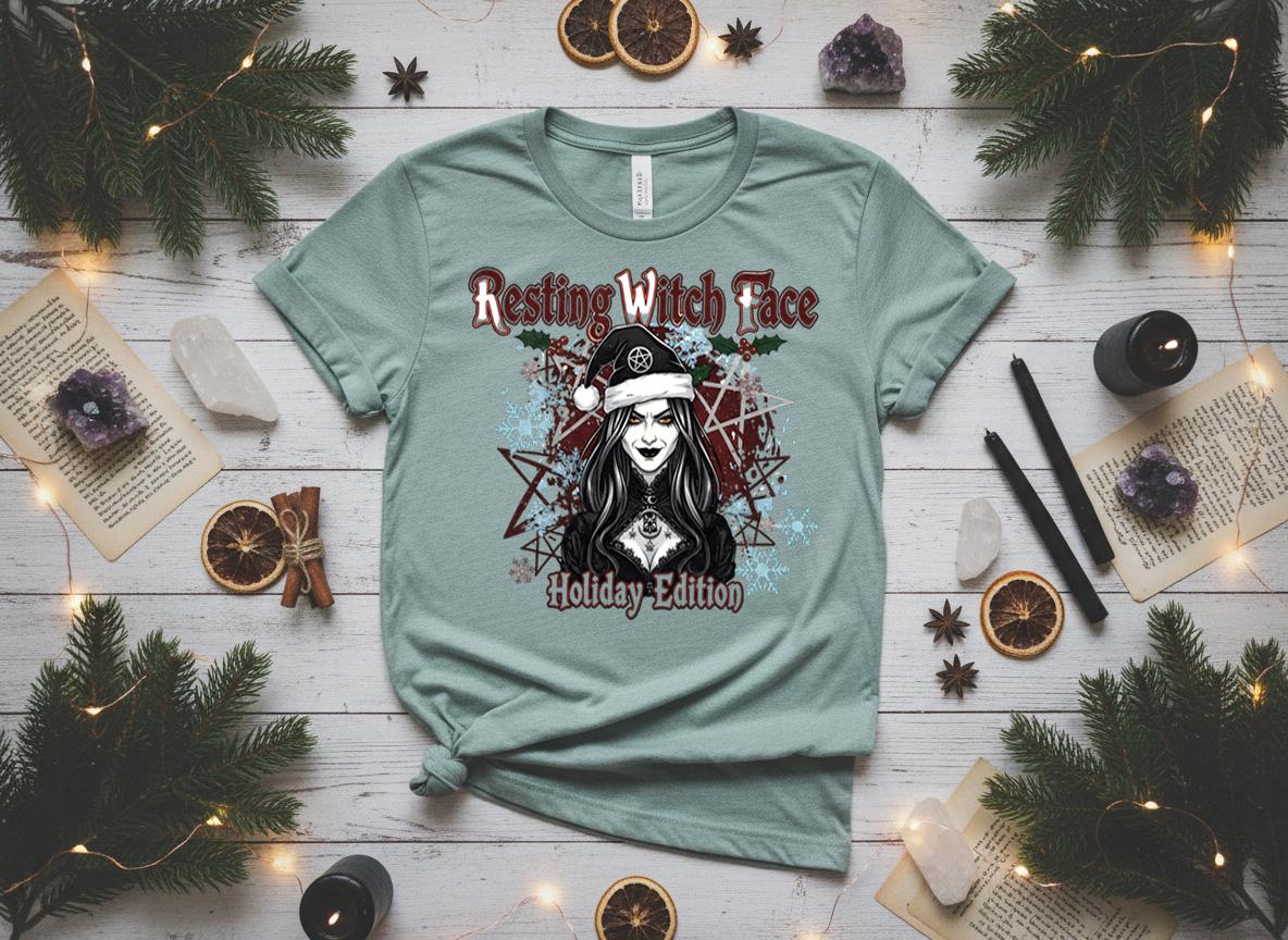 Resting Witch Face Holiday Tee, Gothic Santa Hat, Witchy Christmas Shirt