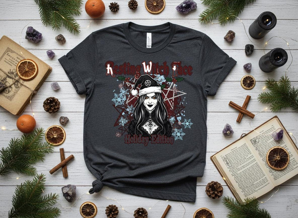Resting Witch Face Holiday Tee, Gothic Santa Hat, Witchy Christmas Shirt