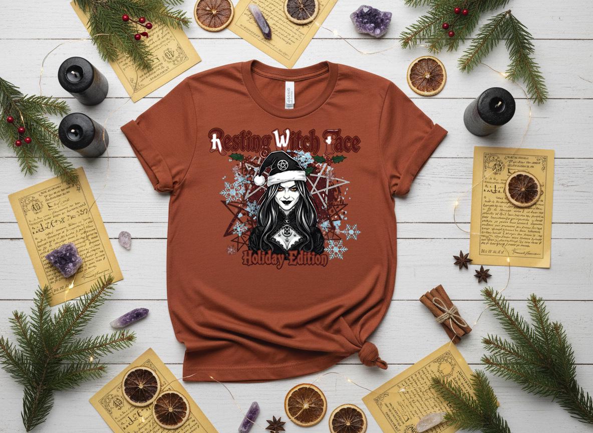 Resting Witch Face Holiday Tee, Gothic Santa Hat, Witchy Christmas Shirt