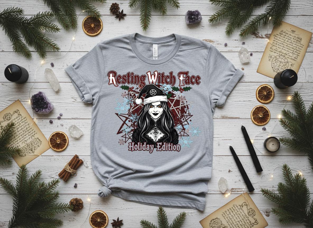 Resting Witch Face Holiday Tee, Gothic Santa Hat, Witchy Christmas Shirt