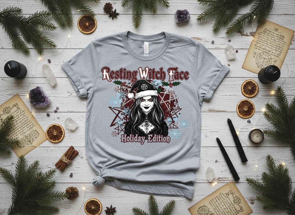 Resting Witch Face Holiday Tee, Gothic Santa Hat, Witchy Christmas Shirt