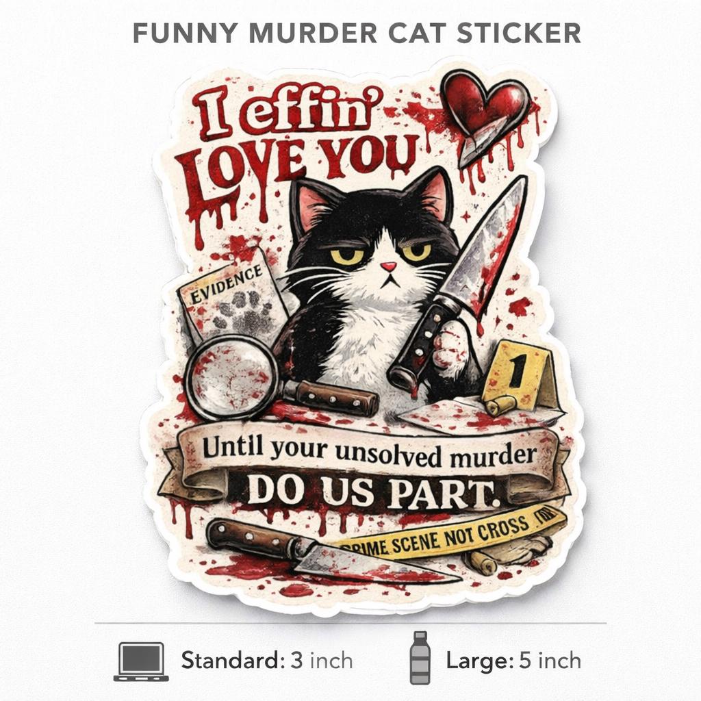 Funny Horror Cat Sticker, Snarky Valentine Murder Cat Kitty I effing love you Sticker