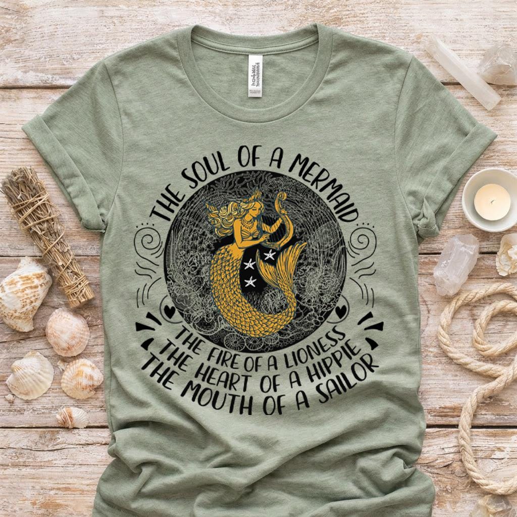 Gold Mermaid Graphic Shirt, Soul of a Mermaid Tee, Bella Canvas Unisex Top