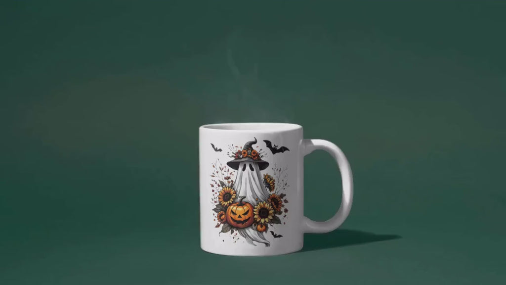 Halloween Ghost Coffee Mug: Witch Hat, Pumpkin & Sunflowers - 15 oz